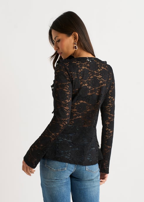 Schwarze Jersey-Spitzen-Rüschen-Bluse mit Krawatte - Image 4
