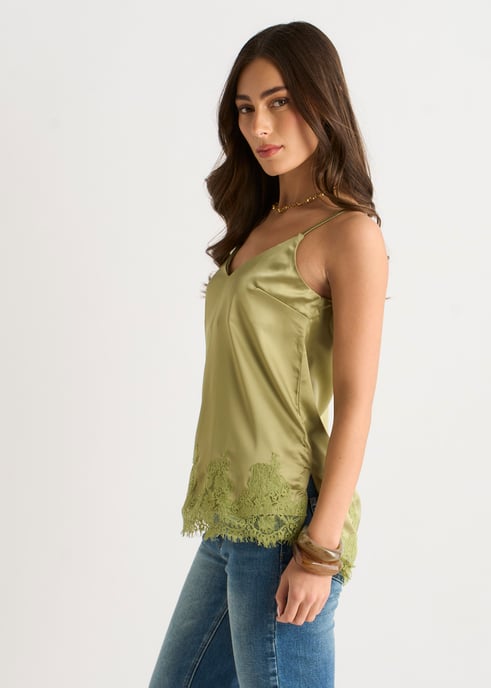 Khakifarbenes Cami-Top mit Spitzenbesatz aus Satin - Image 3
