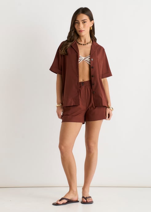 Schokolade Leinen Mix Oversized Hemd mit Knopfleiste - Image 1