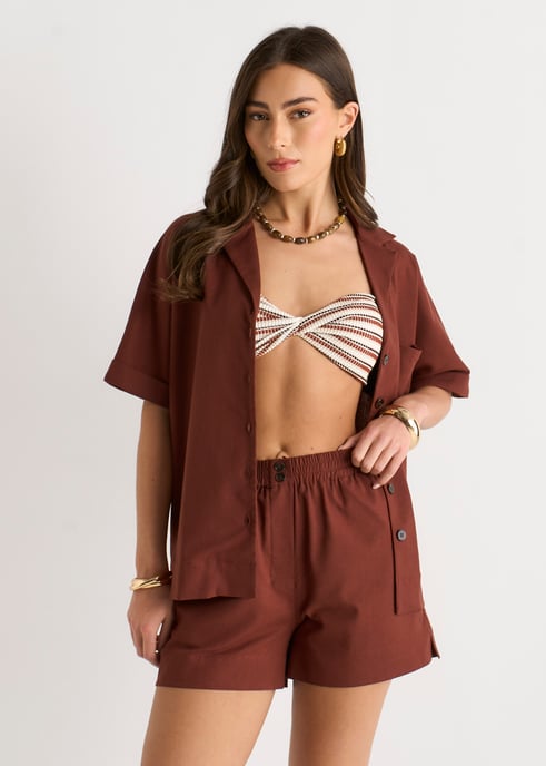 Schokolade Leinen Mix Oversized Hemd mit Knopfleiste - Image 2