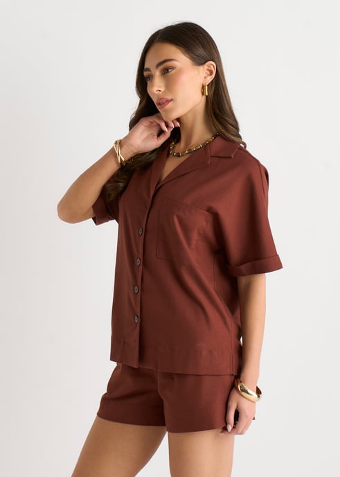 Schokolade Leinen Mix Oversized Hemd mit Knopfleiste - Image 3