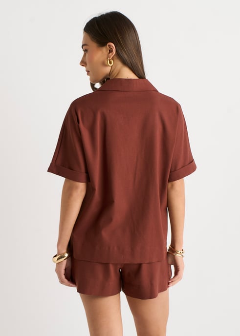 Schokolade Leinen Mix Oversized Hemd mit Knopfleiste - Image 4