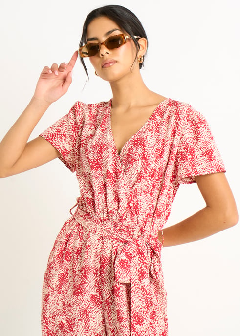 Roter abstrakter Tierdruck Wrap Front Belted Playsuit - Image 2