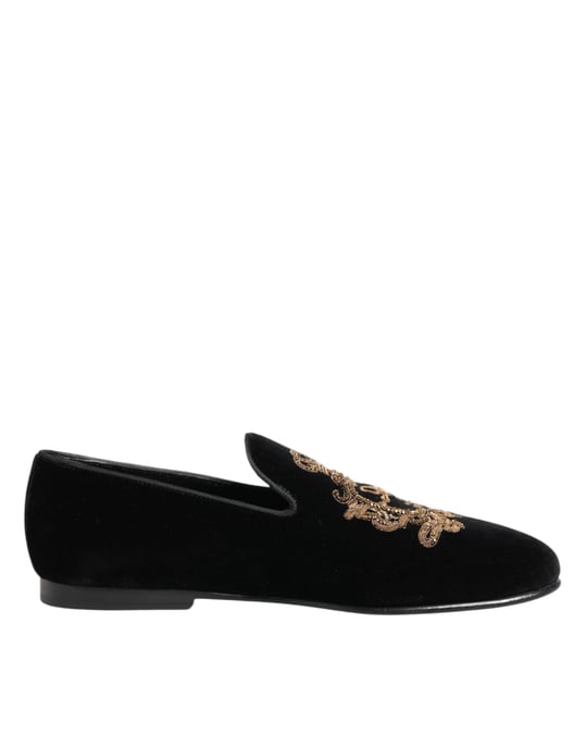 Dolce & Gabbana Schwarze Samt Goldene Krone Herren Slipper Schuhe - Image 2