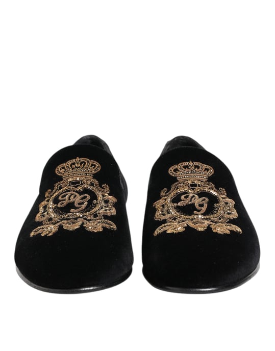 Dolce & Gabbana Schwarze Samt Goldene Krone Herren Slipper Schuhe - Image 3
