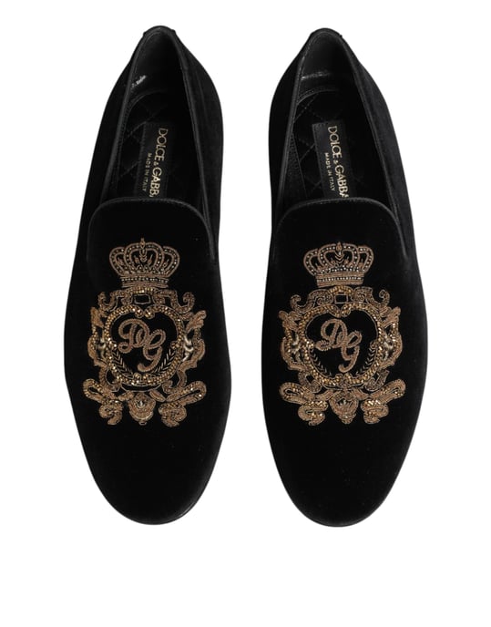 Dolce & Gabbana Schwarze Samt Goldene Krone Herren Slipper Schuhe - Image 4