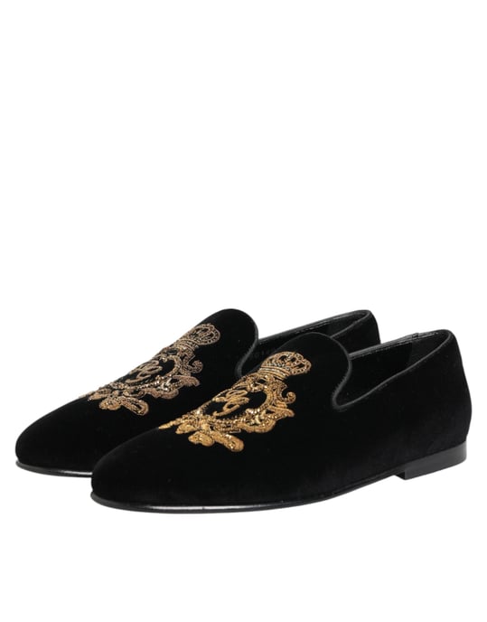 Dolce & Gabbana Schwarze Samt Goldene Krone Herren Slipper Schuhe - Image 5