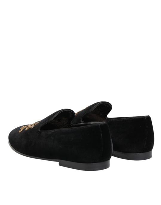 Dolce & Gabbana Schwarze Samt Goldene Krone Herren Slipper Schuhe - Image 6