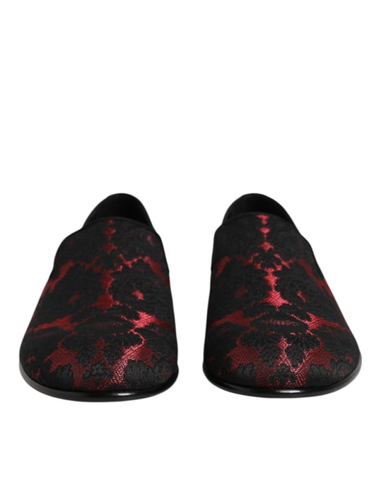 Dolce & Gabbana Rote Schwarze Jacquard Slipper Herren Mokassins Schuhe - Image 2
