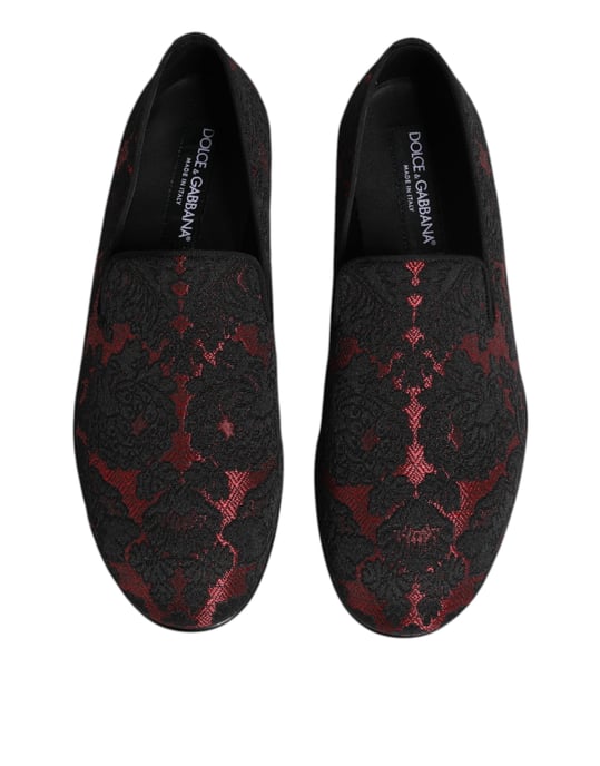 Dolce & Gabbana Rote Schwarze Jacquard Slipper Herren Mokassins Schuhe - Image 3