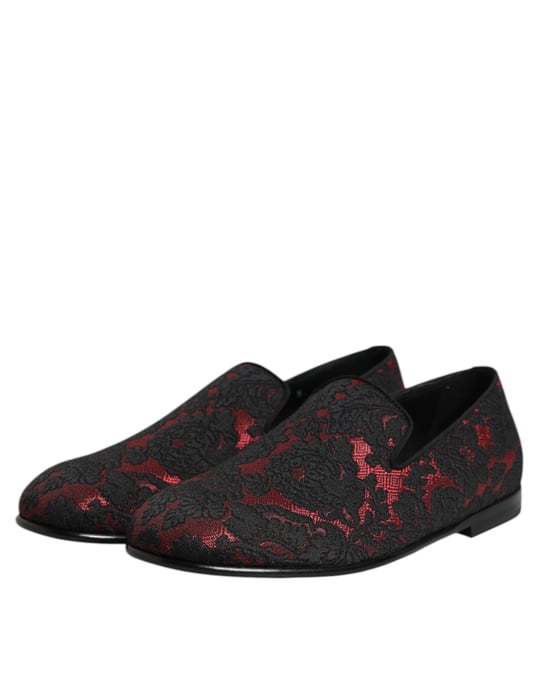 Dolce & Gabbana Rote Schwarze Jacquard Slipper Herren Mokassins Schuhe - Image 4