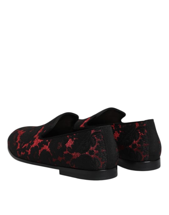 Dolce & Gabbana Rote Schwarze Jacquard Slipper Herren Mokassins Schuhe - Image 5