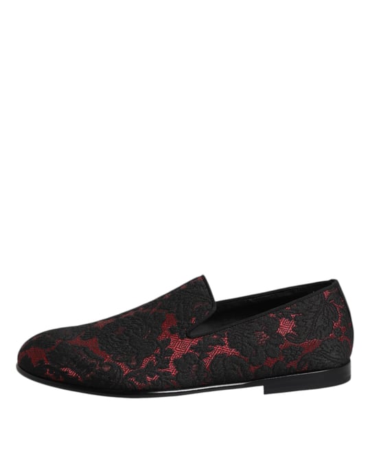 Dolce & Gabbana Rote Schwarze Jacquard Slipper Herren Mokassins Schuhe - Image 6