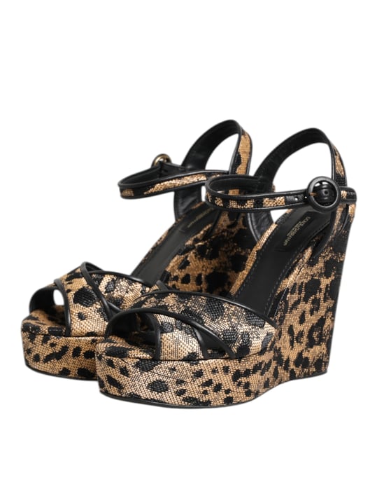 Dolce & Gabbana Braune Leopard Wedge-Ankle-Strap-Sandalen Schuhe - Image 4