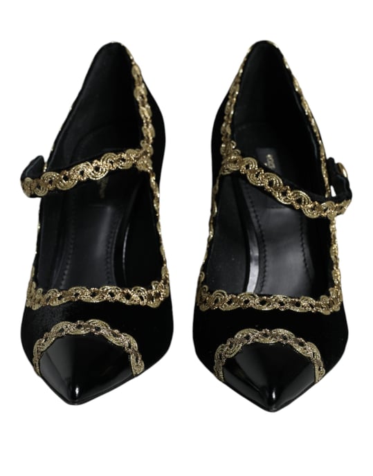 Dolce & Gabbana Schwarze Mary Jane Samt Gold Pumps Schuhe - Image 2