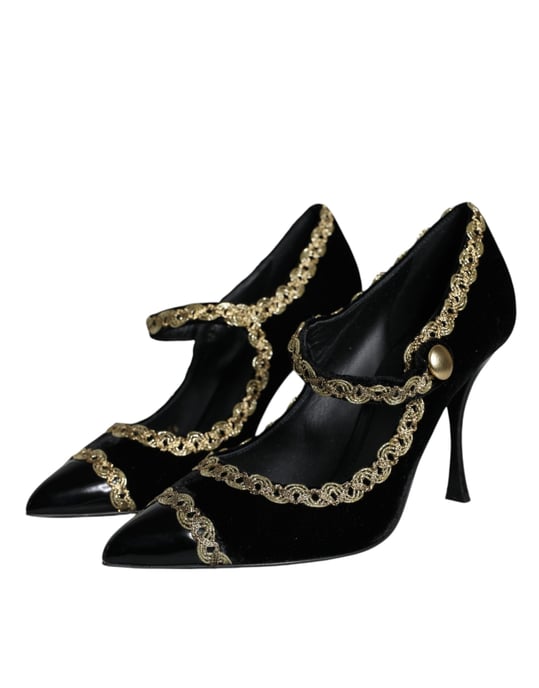 Dolce & Gabbana Schwarze Mary Jane Samt Gold Pumps Schuhe - Image 3