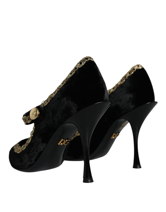 Dolce & Gabbana Schwarze Mary Jane Samt Gold Pumps Schuhe - Image 4