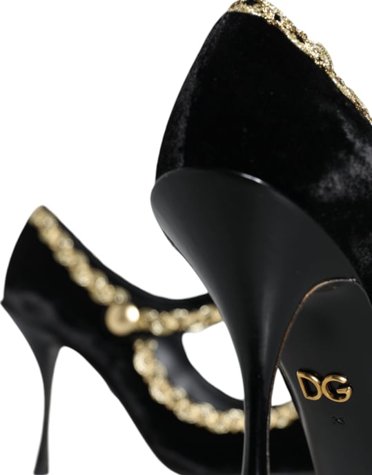 Dolce & Gabbana Schwarze Mary Jane Samt Gold Pumps Schuhe - Image 5
