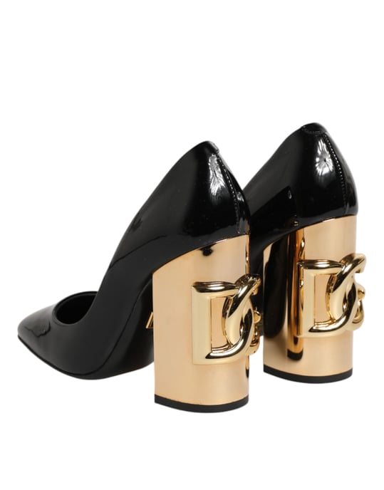 Dolce & Gabbana Schwarz Gold Lackleder Logo Pumps Schuhe - Image 6