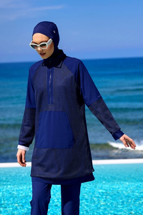Marineblaues Burkini-Set mit vollständiger Abdeckung und bescheidener Badebekleidung - Image 1