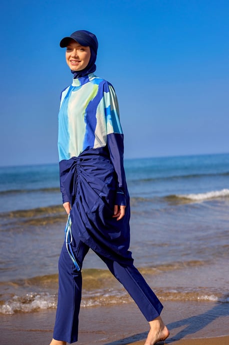 Marineblaues Burkini-Set mit vollständiger Abdeckung und bescheidener Badebekleidung - Image 2