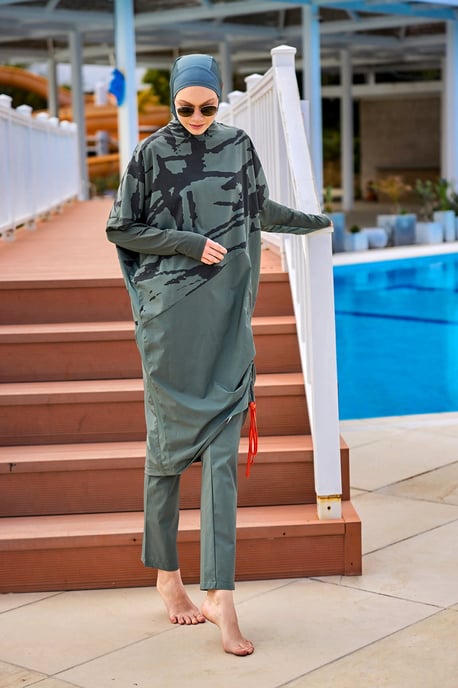 Khakifarbenes Burkini-Set mit vollständiger Abdeckung und bescheidener Badebekleidung - Image 2
