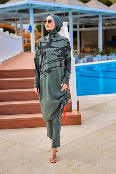 Khakifarbenes Burkini-Set mit vollständiger Abdeckung und bescheidener Badebekleidung - Image 3