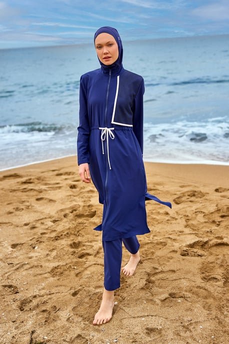 Marineblaues Burkini-Set mit vollständiger Abdeckung und bescheidener Badebekleidung - Image 2