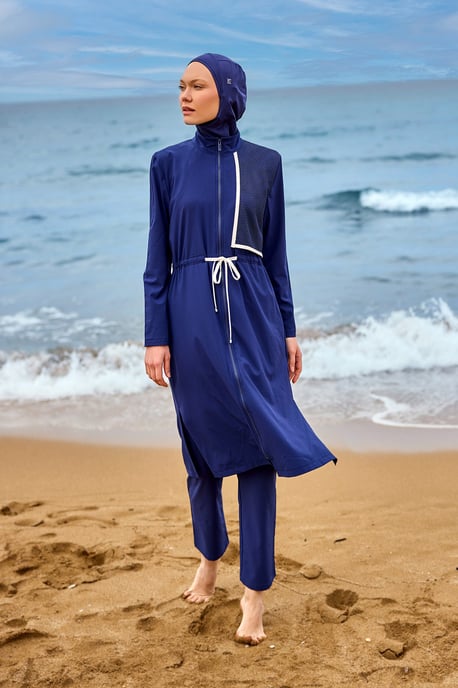 Marineblaues Burkini-Set mit vollständiger Abdeckung und bescheidener Badebekleidung - Image 3