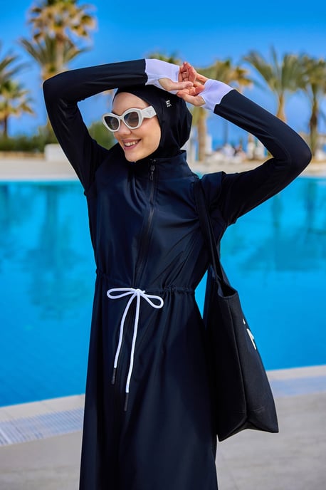 Schwarzes Burkini-Set mit vollständiger Abdeckung für islamische Badebekleidung - Image 3