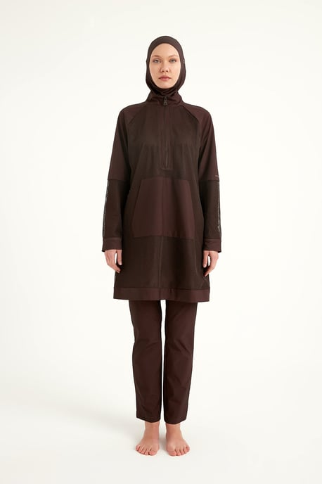 Braunes Burkini-Set mit vollständiger Abdeckung und Tülldetail. Bescheidenes Bademode-Burkini-Set - Image 3