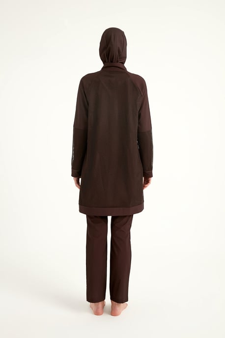 Braunes Burkini-Set mit vollständiger Abdeckung und Tülldetail. Bescheidenes Bademode-Burkini-Set - Image 5