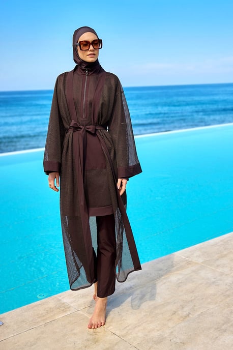 Braunes Burkini-Set mit vollständiger Abdeckung und Tülldetail. Bescheidenes Bademode-Burkini-Set - Image 6