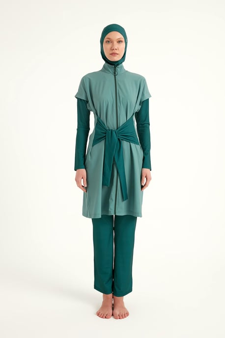 Olive Modest Burkini-Set – Badebekleidung mit hohem Kragen und voller Abdeckung - Image 3