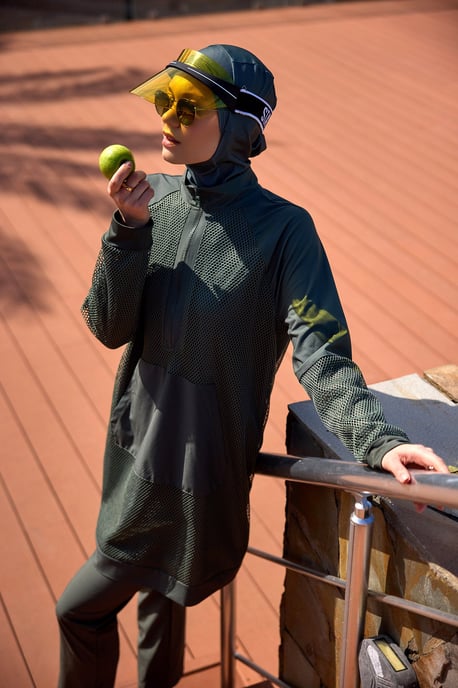 Khakifarbenes, voll bedeckendes Burkini-Set mit Tülldetail und schlichter Badebekleidung - Image 2