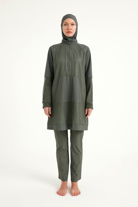 Khakifarbenes, voll bedeckendes Burkini-Set mit Tülldetail und schlichter Badebekleidung - Image 3