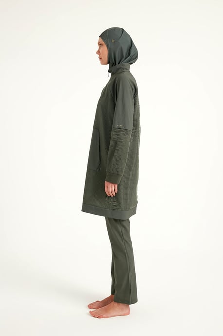 Khakifarbenes, voll bedeckendes Burkini-Set mit Tülldetail und schlichter Badebekleidung - Image 4