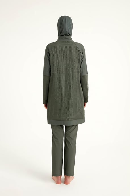 Khakifarbenes, voll bedeckendes Burkini-Set mit Tülldetail und schlichter Badebekleidung - Image 5