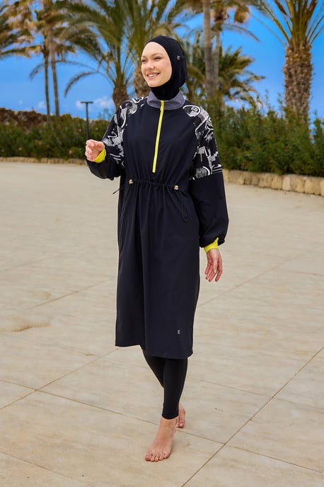 Schwarzer, vollständig bedeckender, bescheidener Burkini mit Ärmeldetail - Image 2