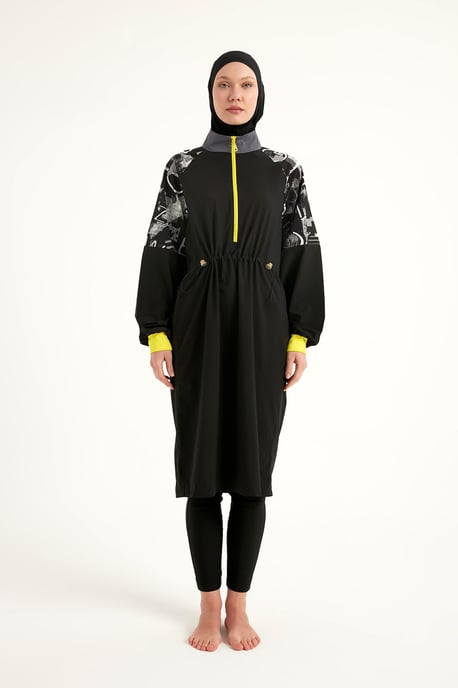 Schwarzer, vollständig bedeckender, bescheidener Burkini mit Ärmeldetail - Image 4