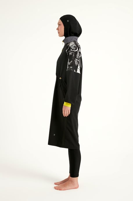 Schwarzer, vollständig bedeckender, bescheidener Burkini mit Ärmeldetail - Image 5
