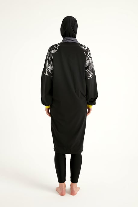 Schwarzer, vollständig bedeckender, bescheidener Burkini mit Ärmeldetail - Image 6