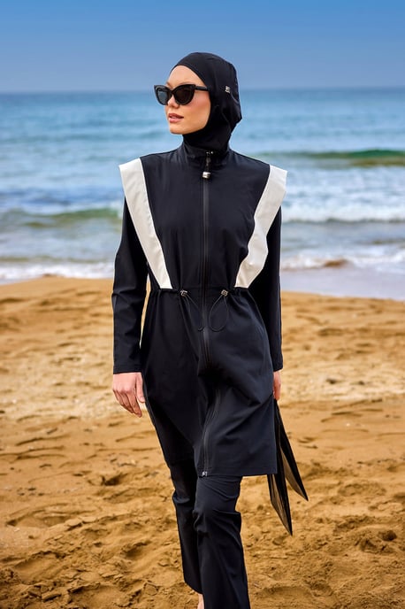 Schwarzes bescheidenes Burkini-Set mit verstellbarer Taille - Image 2