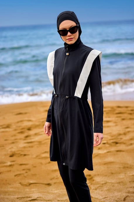 Schwarzes bescheidenes Burkini-Set mit verstellbarer Taille - Image 3