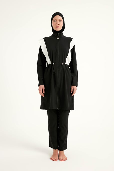 Schwarzes bescheidenes Burkini-Set mit verstellbarer Taille - Image 4