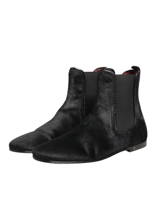 Dolce & Gabbana Schwarze Lederfell Herren CHELSEA Stiefel Schuhe - Image 5
