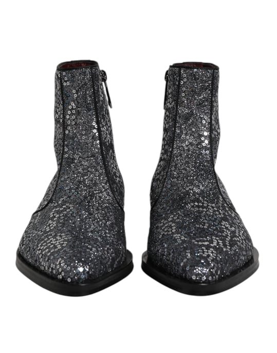 Dolce & Gabbana Dunkelgraue Baumwoll-Chelsea-Stiefel mit Pailletten - Image 2