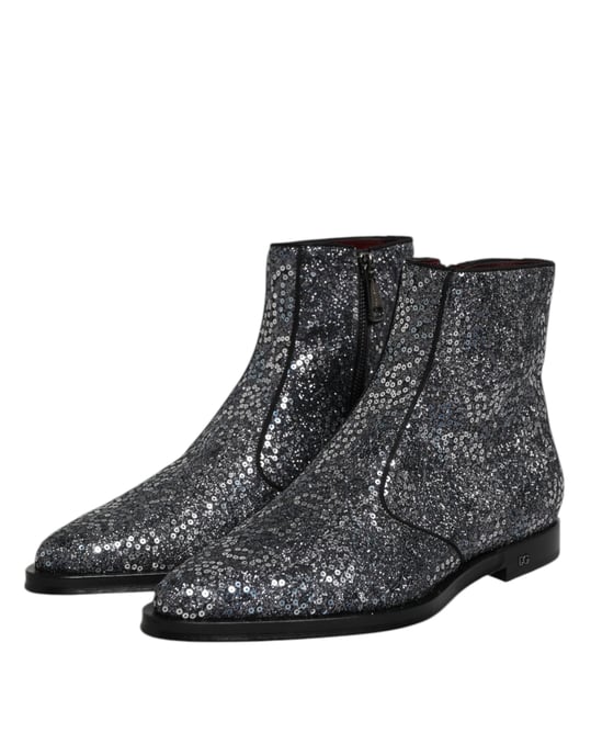 Dolce & Gabbana Dunkelgraue Baumwoll-Chelsea-Stiefel mit Pailletten - Image 4