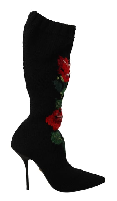 Dolce & Gabbana Schwarze Stretch-Socken Rote Rosen Stiefeletten Schuhe - Image 1