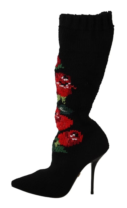 Dolce & Gabbana Schwarze Stretch-Socken Rote Rosen Stiefeletten Schuhe - Image 4